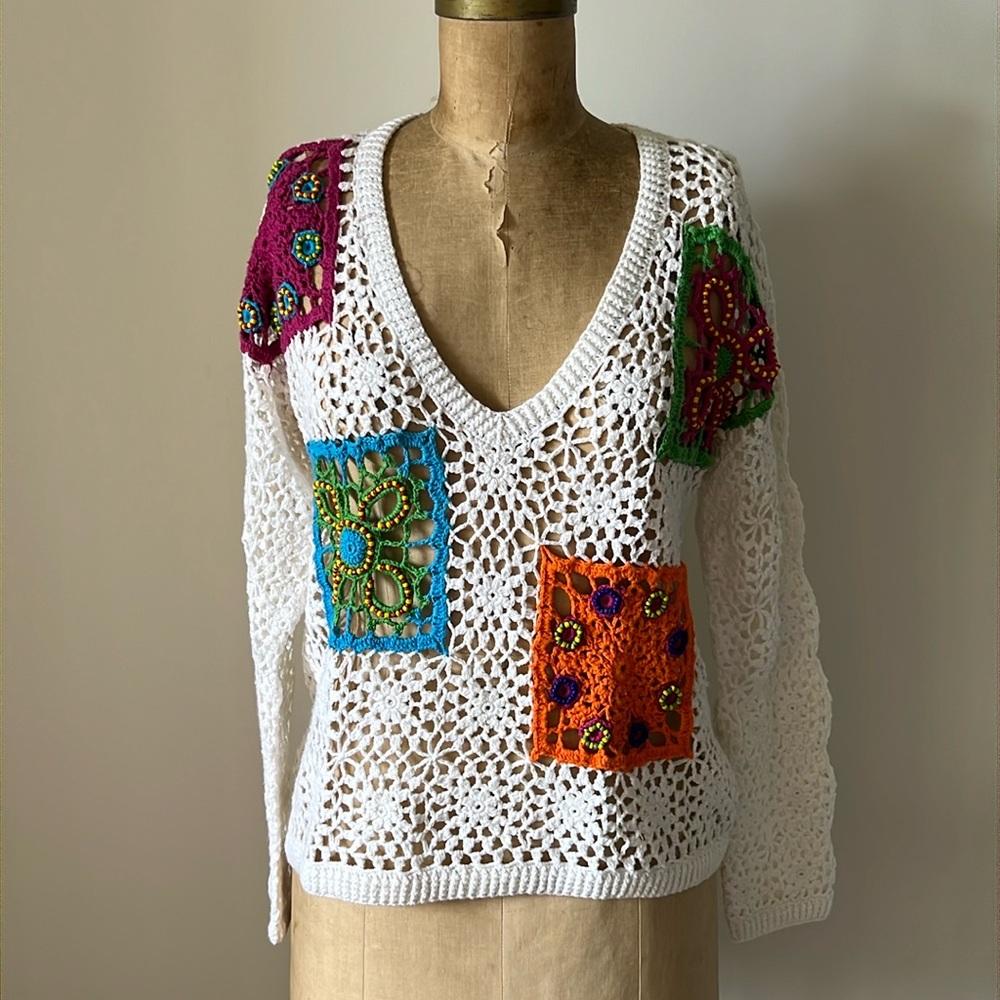 1980’s Vintage Crochet Beaded Top Granny Sweater